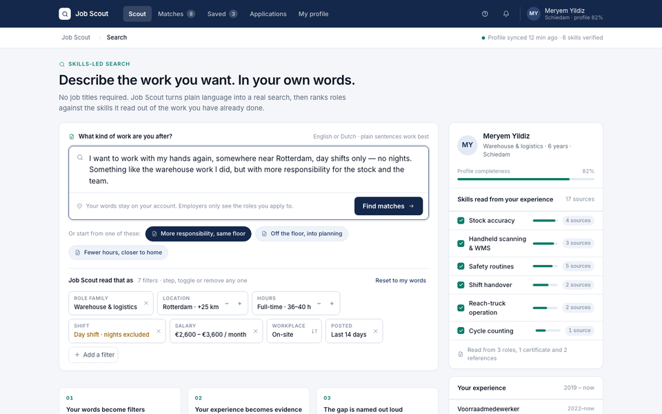Job Scout being used: a plain-words search turned into filters, five ranked roles, and one role opened on its requirements