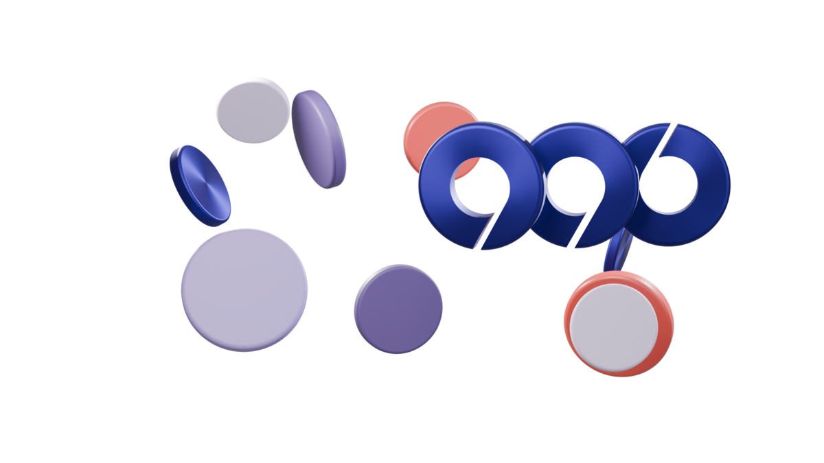The 99six mark: two 9s and a 6 as three indigo rings, with coins around them