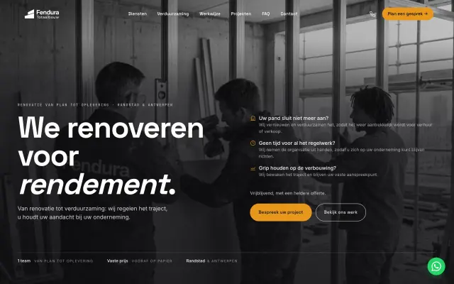 The Fendura Totaalbouw homepage at fenduratotaalbouw.nl: the commercial renovation and construction site 99six rebuilt