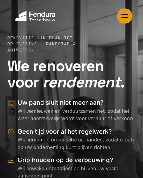 The Fendura Totaalbouw homepage at fenduratotaalbouw.nl: the commercial renovation and construction site 99six rebuilt