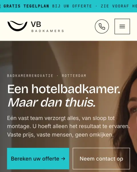 The VB Badkamers homepage at vb-badkamerrenovaties.nl: the bathroom renovation site 99six rebuilt
